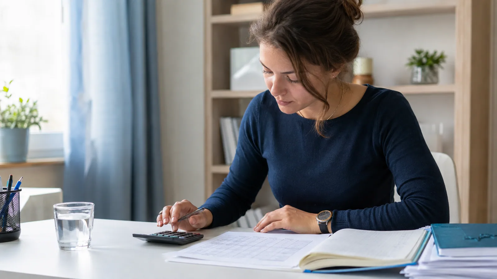 Studentin übt Buchhaltung mit Heft, Tabelle und Taschenrechner.