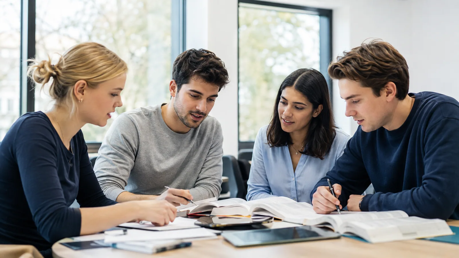 Studierende besprechen gemeinsam ihre Kurswahl im Seminarraum.