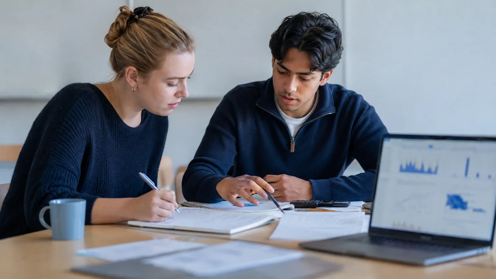 Zwei Studierende arbeiten gemeinsam mit Diagrammen und Mathematiknotizen.