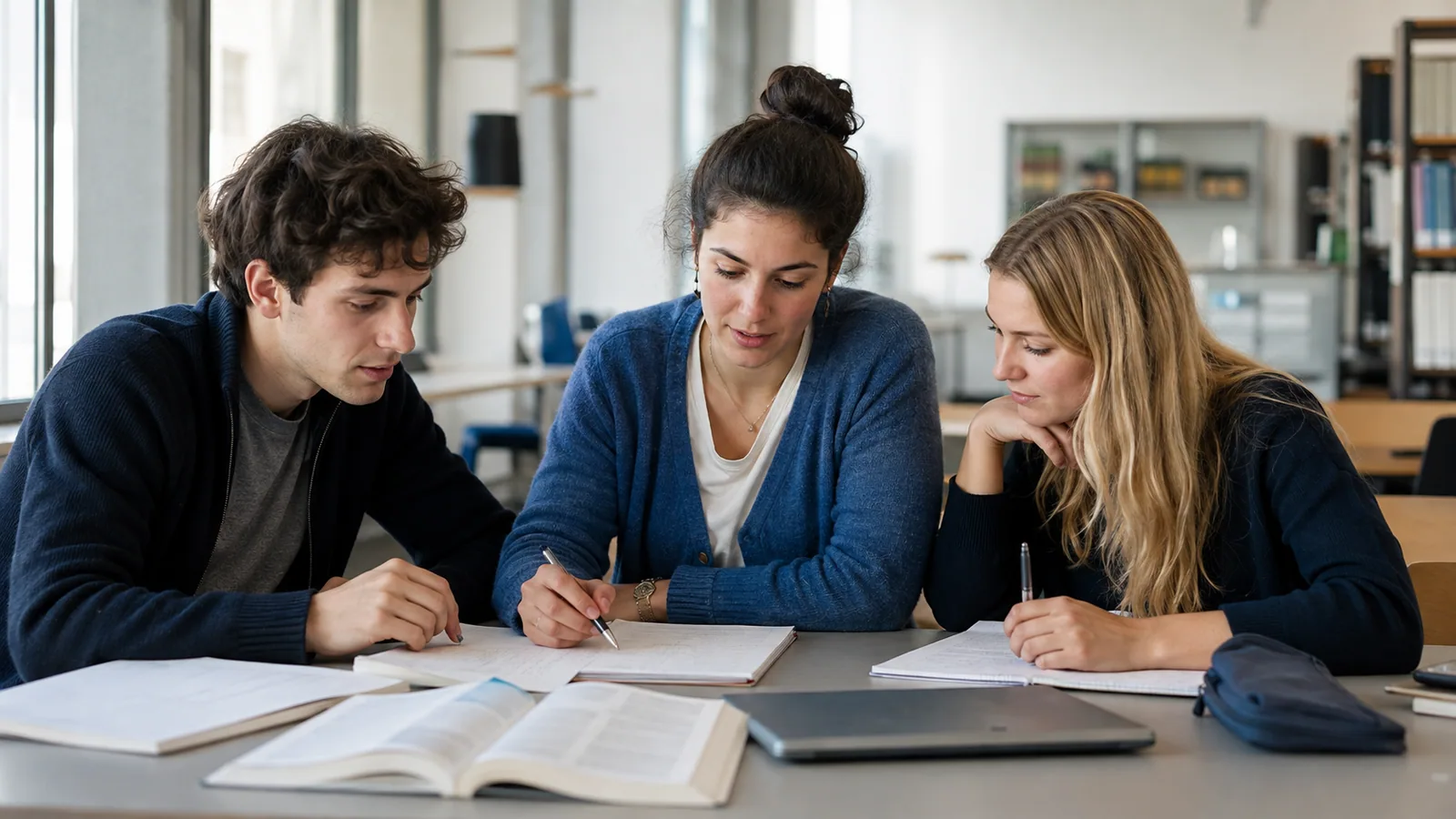 Drei Studierende lernen gemeinsam in einer Bibliothek.
