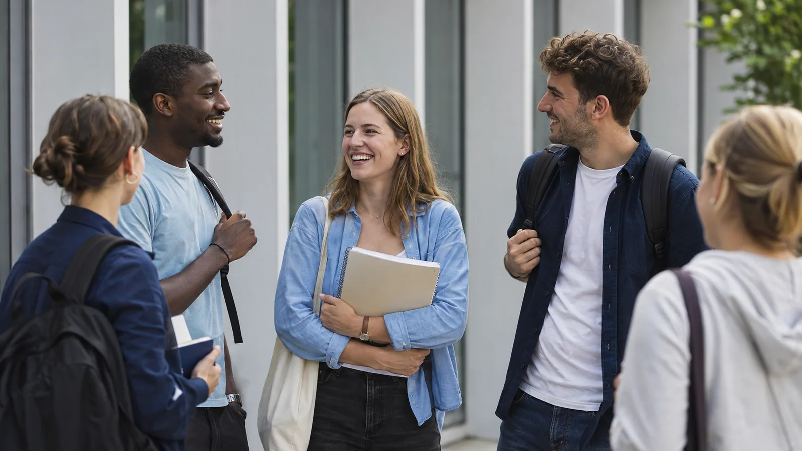 Erstsemester unterhalten sich vor einem neutralen Hochschulgebäude.