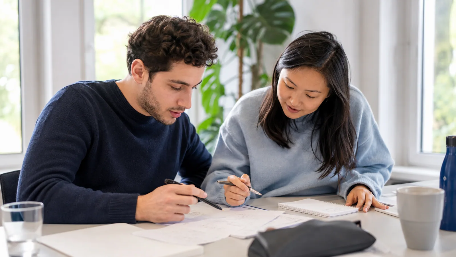Zwei Lernpartner üben mathematische Grundlagen am Tisch.