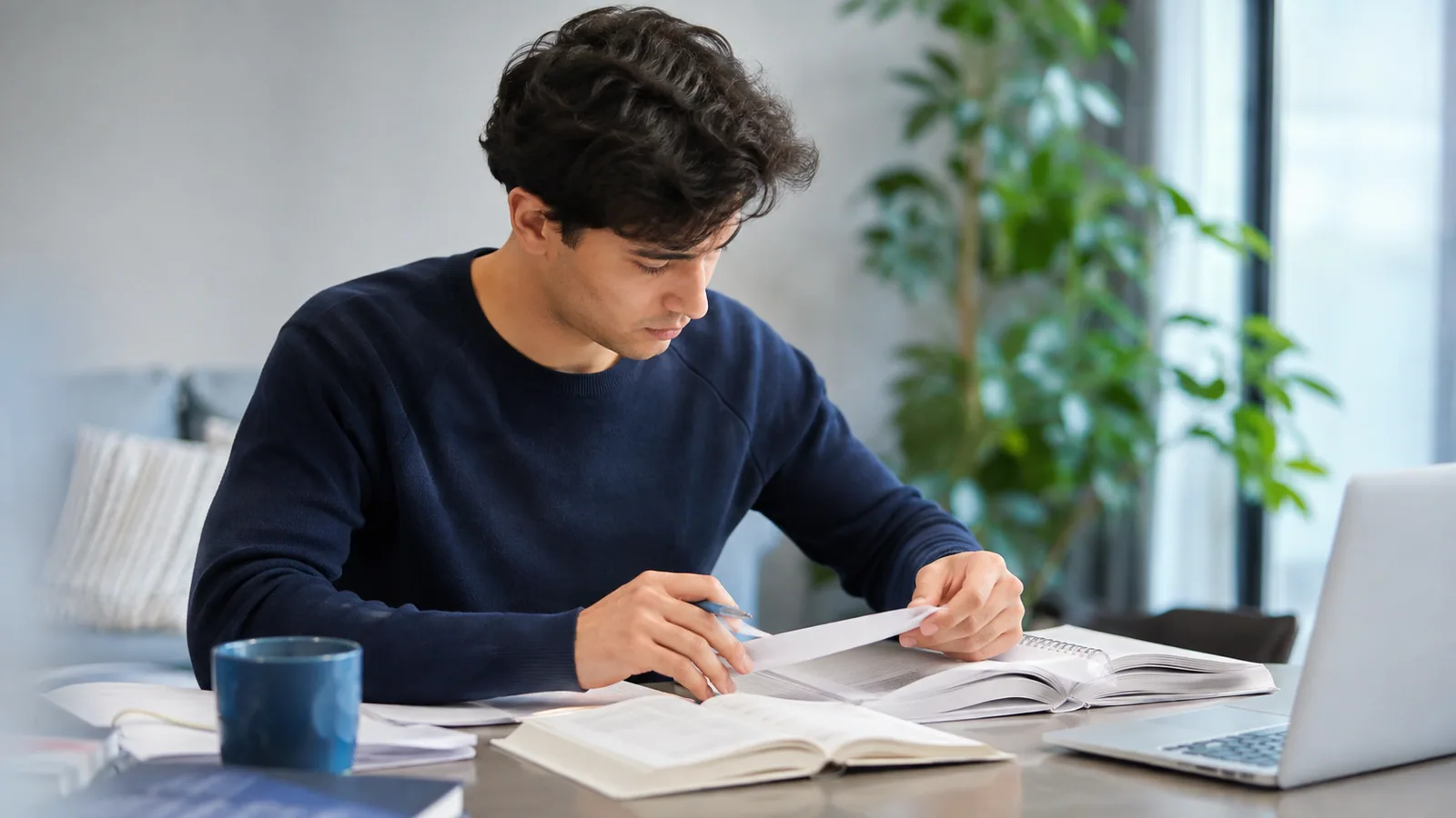Studieninteressent arbeitet mit aufgeschlagenen Lernbüchern und eigenen Notizen.